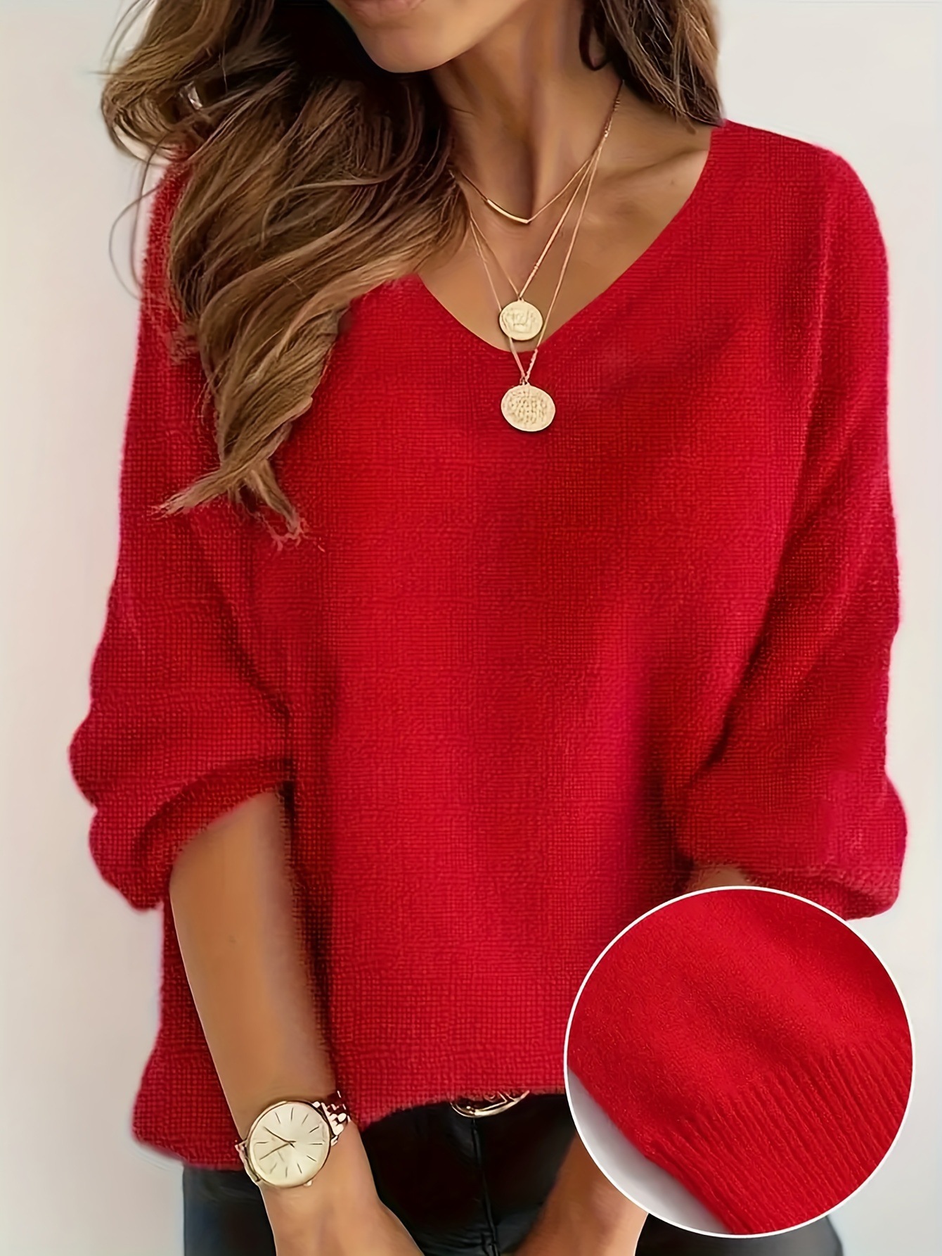 European and American Cross-border Amazon Autumn New Sweater Women's Solid Color Long Sleeve V-Neck Loose plus size Sweater