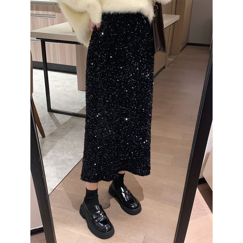 Velvet sequined skirt women's autumn and winter shiny high waist slit skirt popular popular black long skirt this year