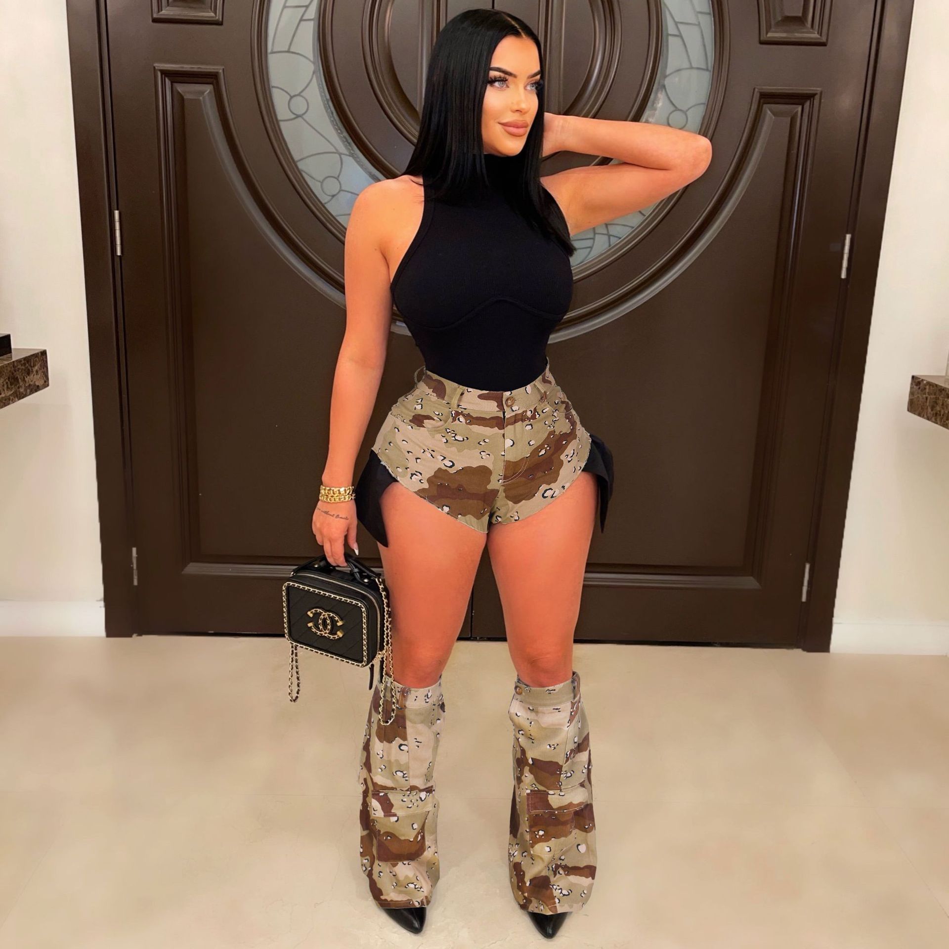 Picture of Cross-border E-commerce European and American Women's Clothing Ins Sexy Women Camouflage Summer Hot Pants Leg Set Three-piece Camouflage Shorts