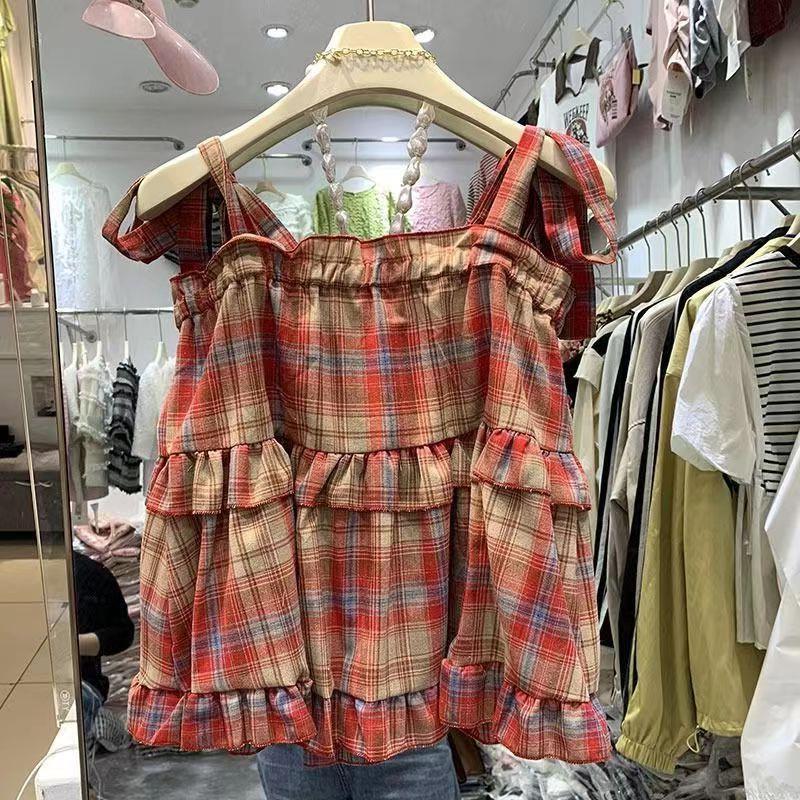 Small Fresh Style Plaid Doll Shirt Short Sweet Cool Sling Top Sweet Girl's Wear Retro Lace-up Square Collar Vest