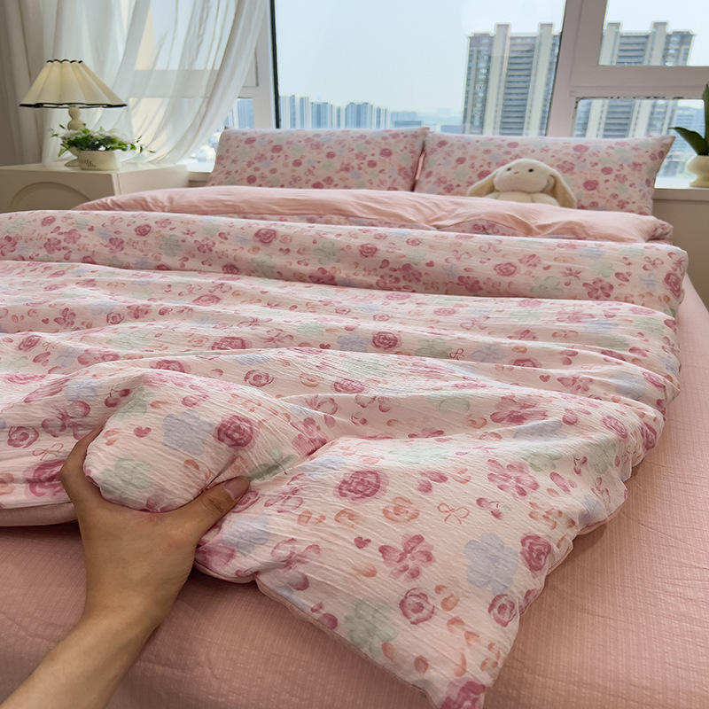 Picture of Double-Layer Gauze Wrinkled Cotton Bed Four-Piece Set Small Fresh Quilt Cover Home Ins Style Floral Summer New Three-Piece Set