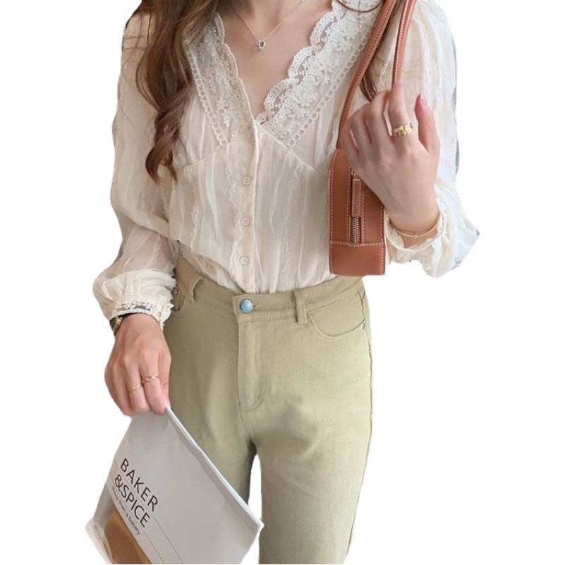 Picture of Elegant V-neck lace shirt for women 2022 Spring New Gentle all-match chiffon sweet chic small shirt