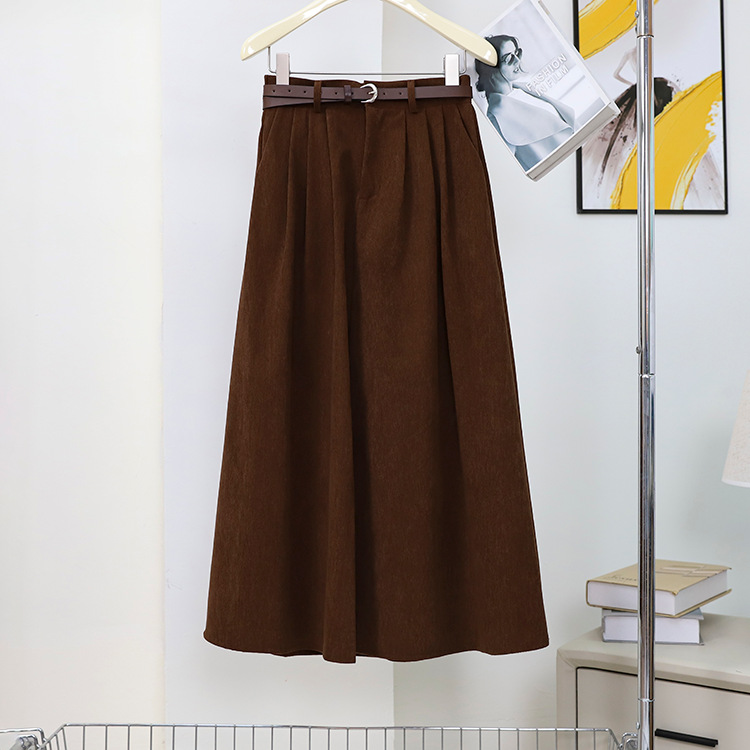 Picture of Maillard Retro Corduroy Skirt for Women, Autumn and Winter Khaki Casual Style with Belt, Mid-Length Pleated A-Line Skirt
