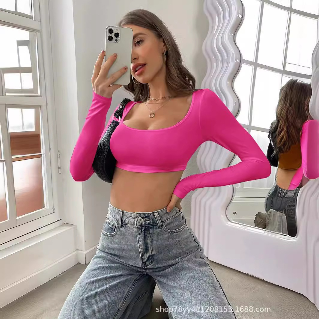 Picture of European and American 2024 Amazon Women's Clothing Cut-Off Sports and Leisure Knitted High-Elastic Long-Sleeved T-Shirt Tops Slim and Slim