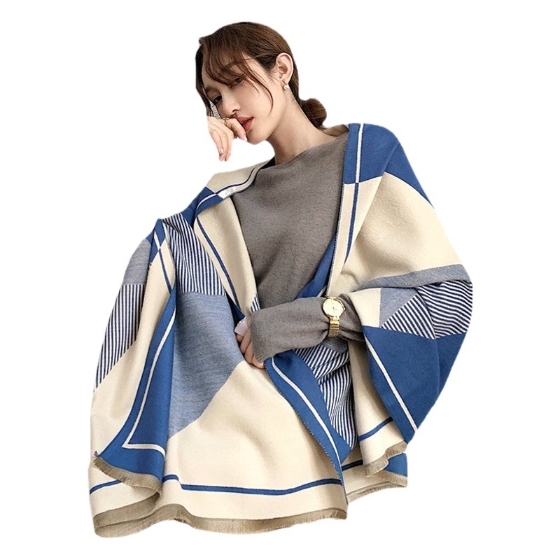 New 2023 Korean Style Geometric Striped Scarf Women's Winter Warm Thickened Dual-use Student Cashmere Scarf
