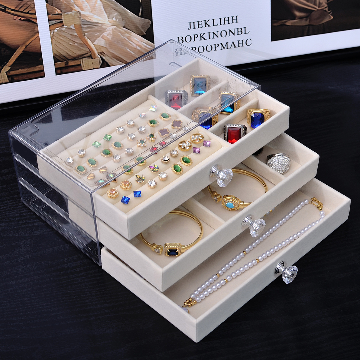 [Factory] PET three-layer drawer jewelry box flannel jewelry necklace jewelry box earrings ring storage box
