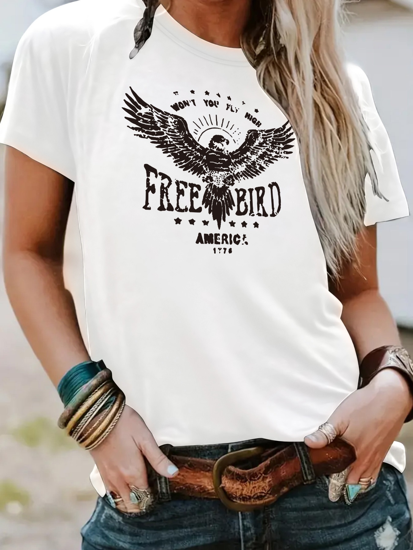 Picture of European and American independent station cross-border temperament T-shirt female in stock FREE BIRD eagle printing summer new short sleeve wholesale
