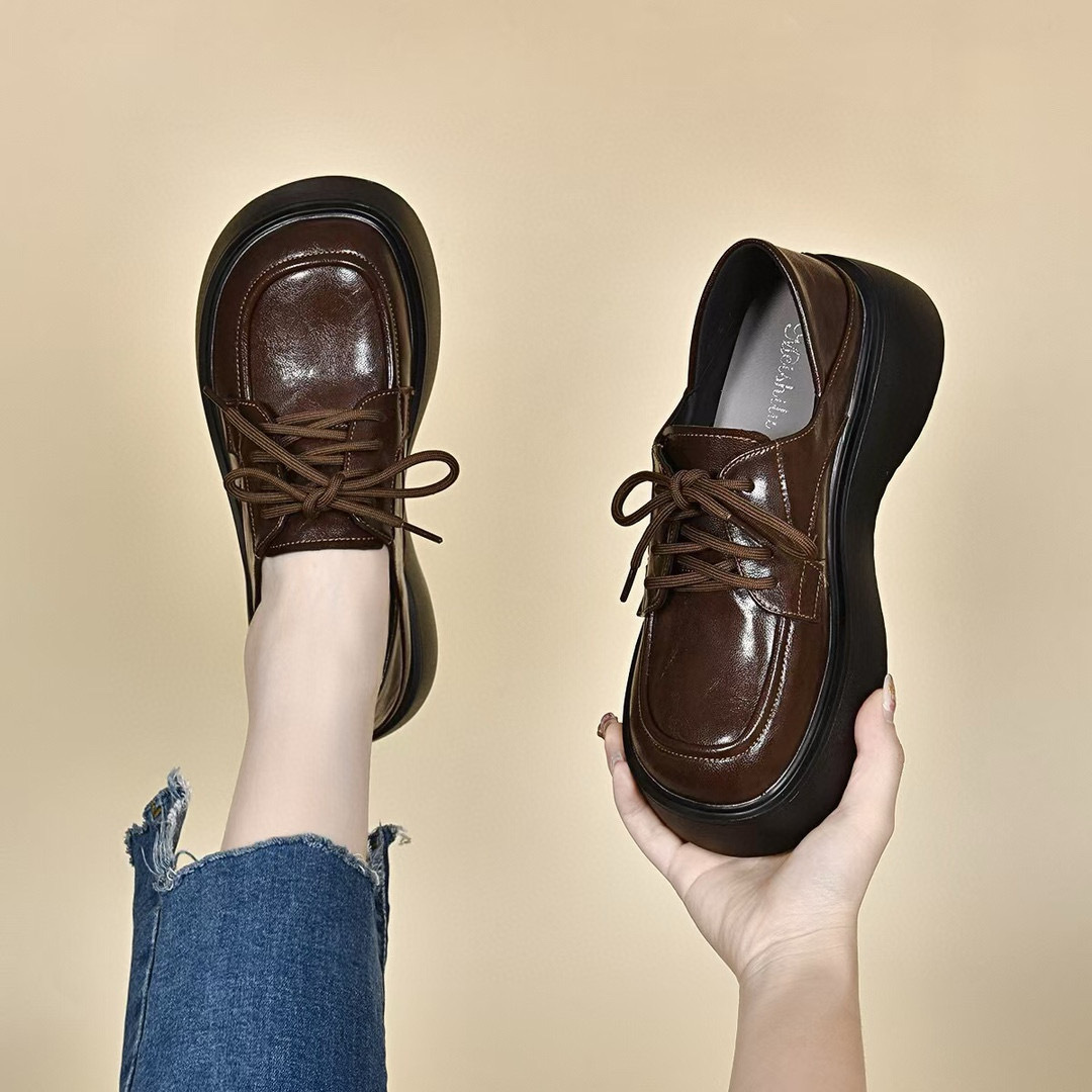 Platform Shoes Women's 2024 Autumn and Winter New Korean Style Lace-up Academy Style Single-layer Shoes One-pair Loafers Women's Small Leather Shoes