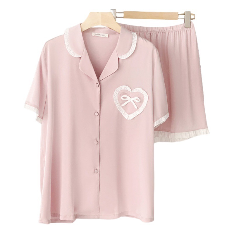 Pajamas for Women Spring and Summer Thin Heart-Shaped Girl's Home Wear Two-Piece Set with Bow Sweet Style Ice Silk Short-Sleeved Suit