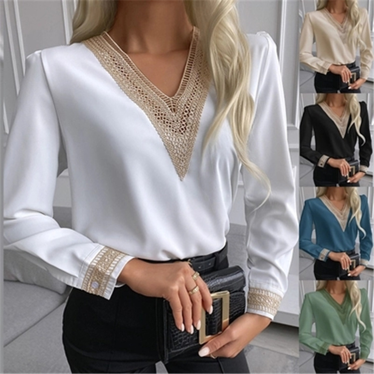 2021 European and American Summer New ebay Amazon Women's Fashion V-Neck Lace Hollow Lace Long Sleeve Shirt