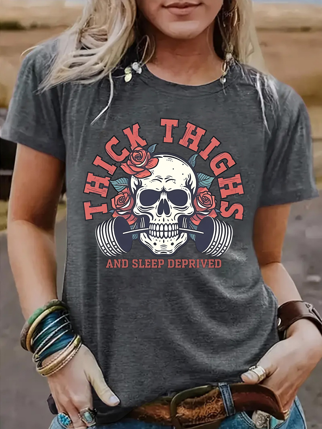 Women's Summer Skull Thick Thighs Printed Round Neck Short Sleeve Cross-Border European and American Women's Halloween T-Shirt