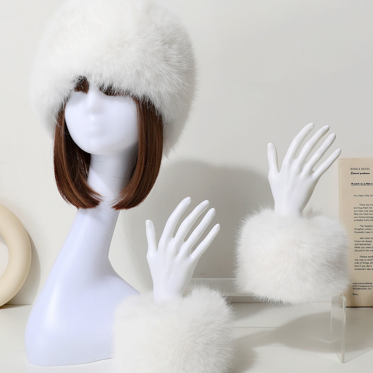 Imitation Rex Rabbit Fur Hat Women's Sleeve Two-piece Set Warm Wrist Protection Sleeve Fur Hand Ring Thickened All-match Winter