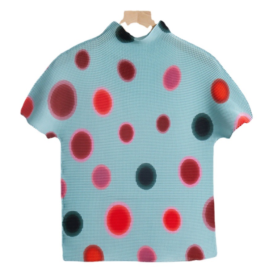 Pleated Fashion Printed Top for Women 23 Miyake Slim Fit Corn Pleated High Collar Short Sleeve Graffiti Bottoming Shirt for Women