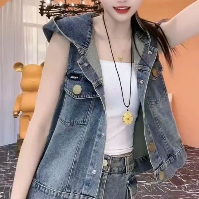 Picture of Backless Fashion Denim Coat Women's 2025 Spring and Summer New Korean Style Western Style Hooded Vest Shoulder Jacket