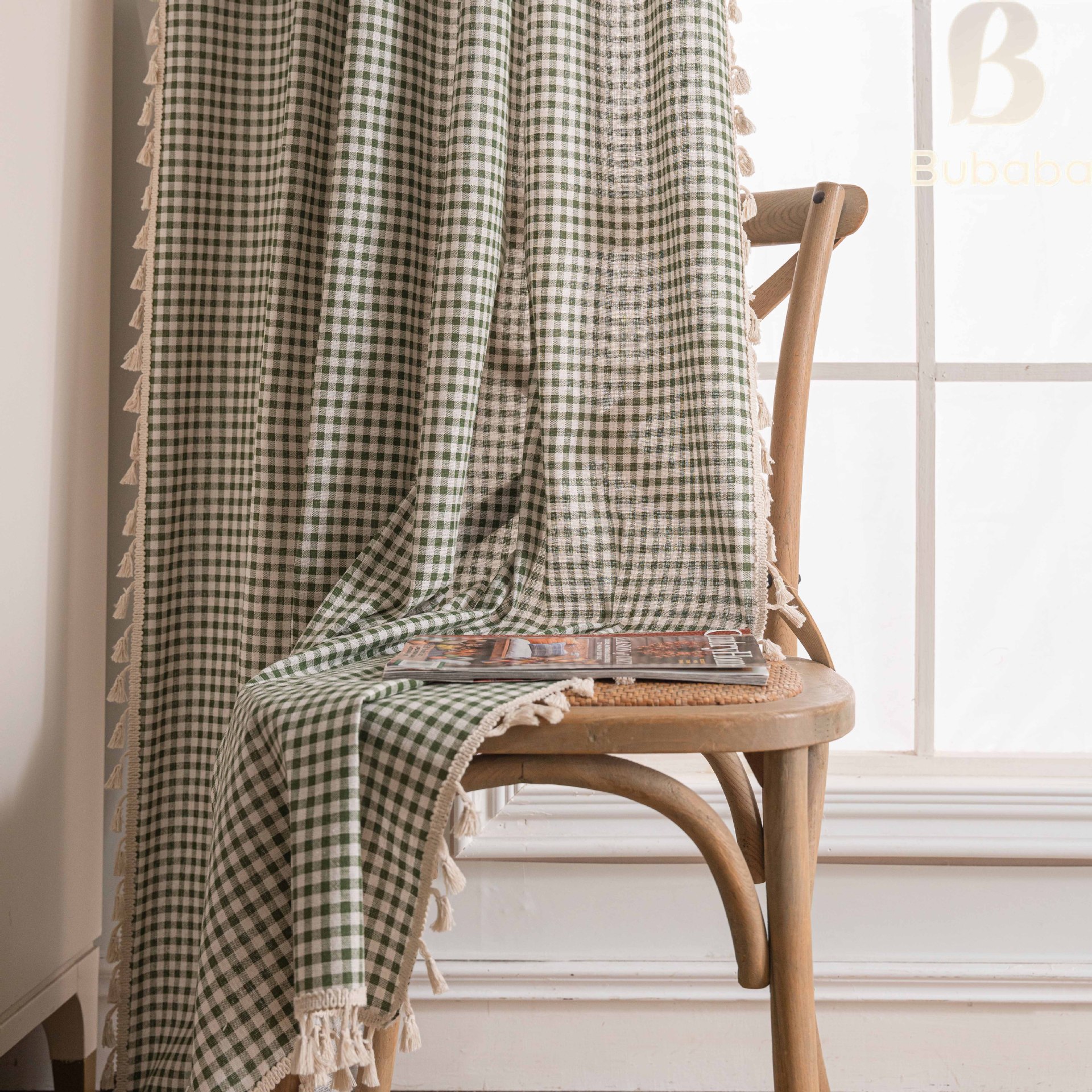 Picture of Flying cat cross-border new curtain plaid printed kitchen curtain beige tassel semi-shading decorative curtain factory wholesale