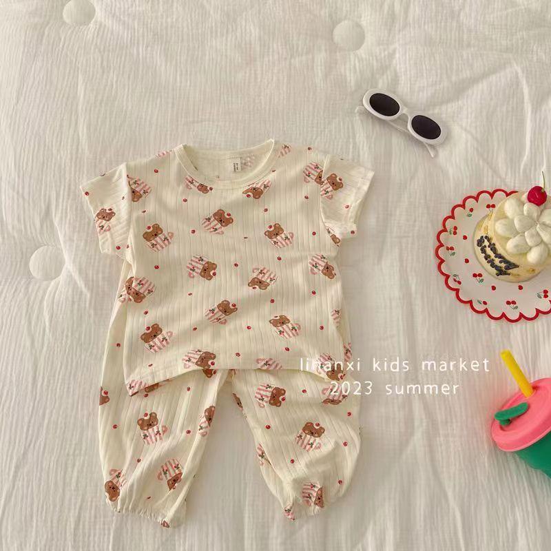 Picture of Ice Silk Ribbed 2023 Summer Girls' Short-Sleeved Outfit, Children's Style Baby Summer Two-Piece Set, Cute Style