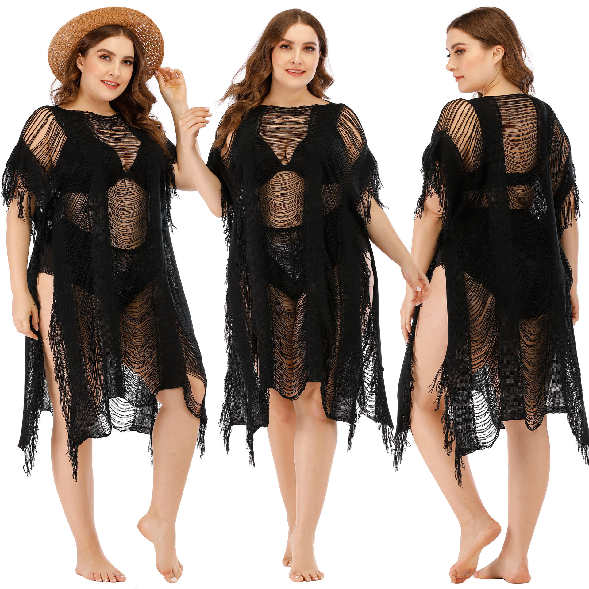 Cross-border Plus Size Women's Sexy Hollow Split Irregular Beach Blouse Dress 191212