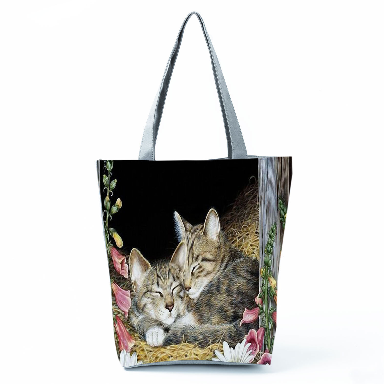 Picture of New cute flower cat printed shoulder bag portable travel storage bag large capacity outdoor tote bag