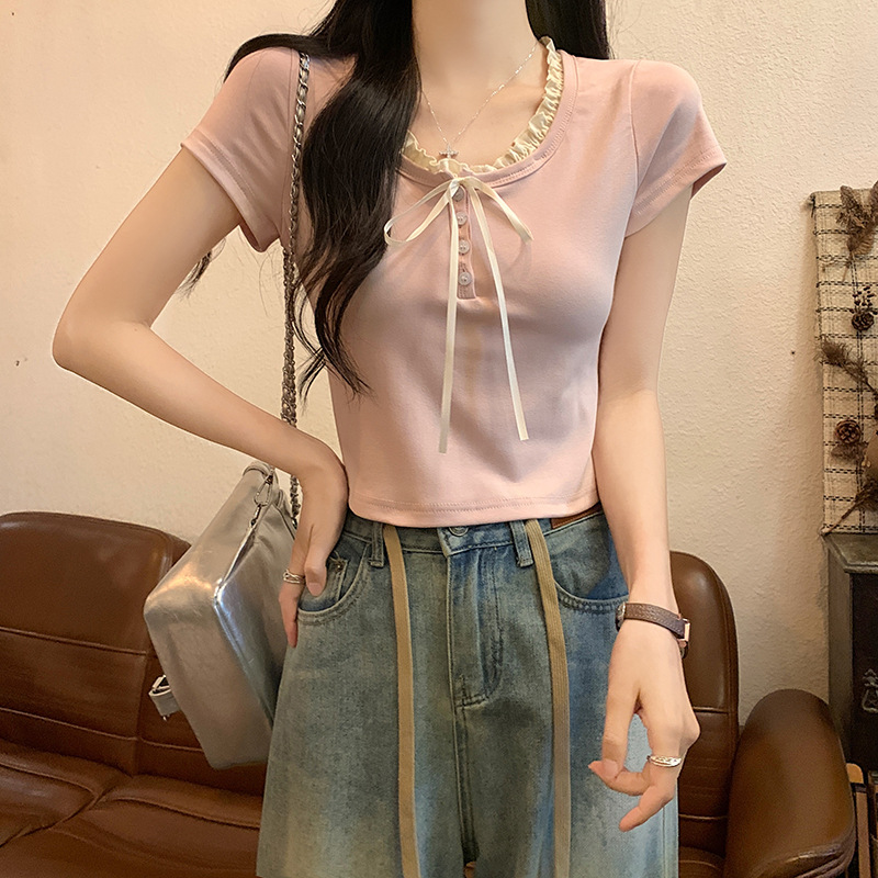 Real shot 1*1 thread 210g short sleeve T-shirt women's summer lace-up slim short mesh round neck top Korean women's clothing