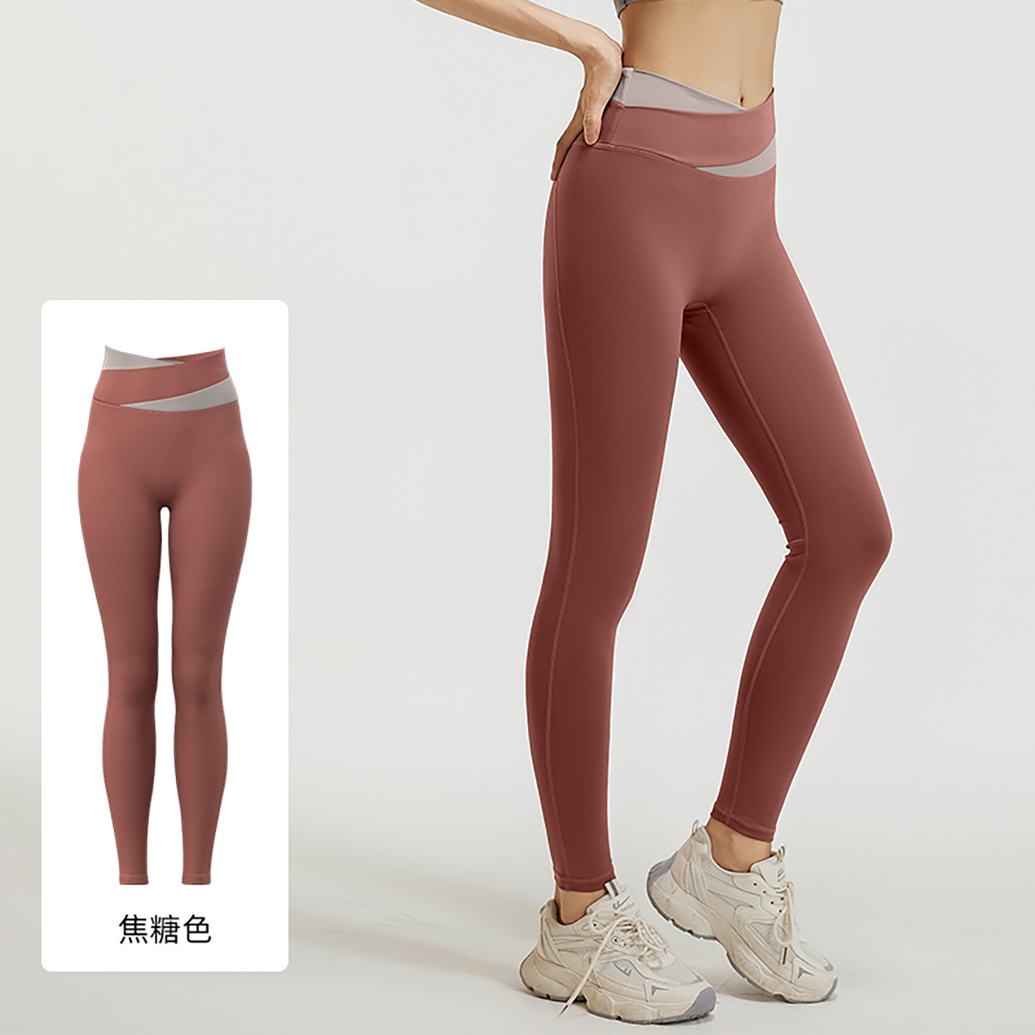 Picture of Stitching Color Contrast High Waist Yoga Pants Women's Hip Lifter and Belly Tight Stretch Cross Waist Fitness Pants Running Sports Yoga Pants