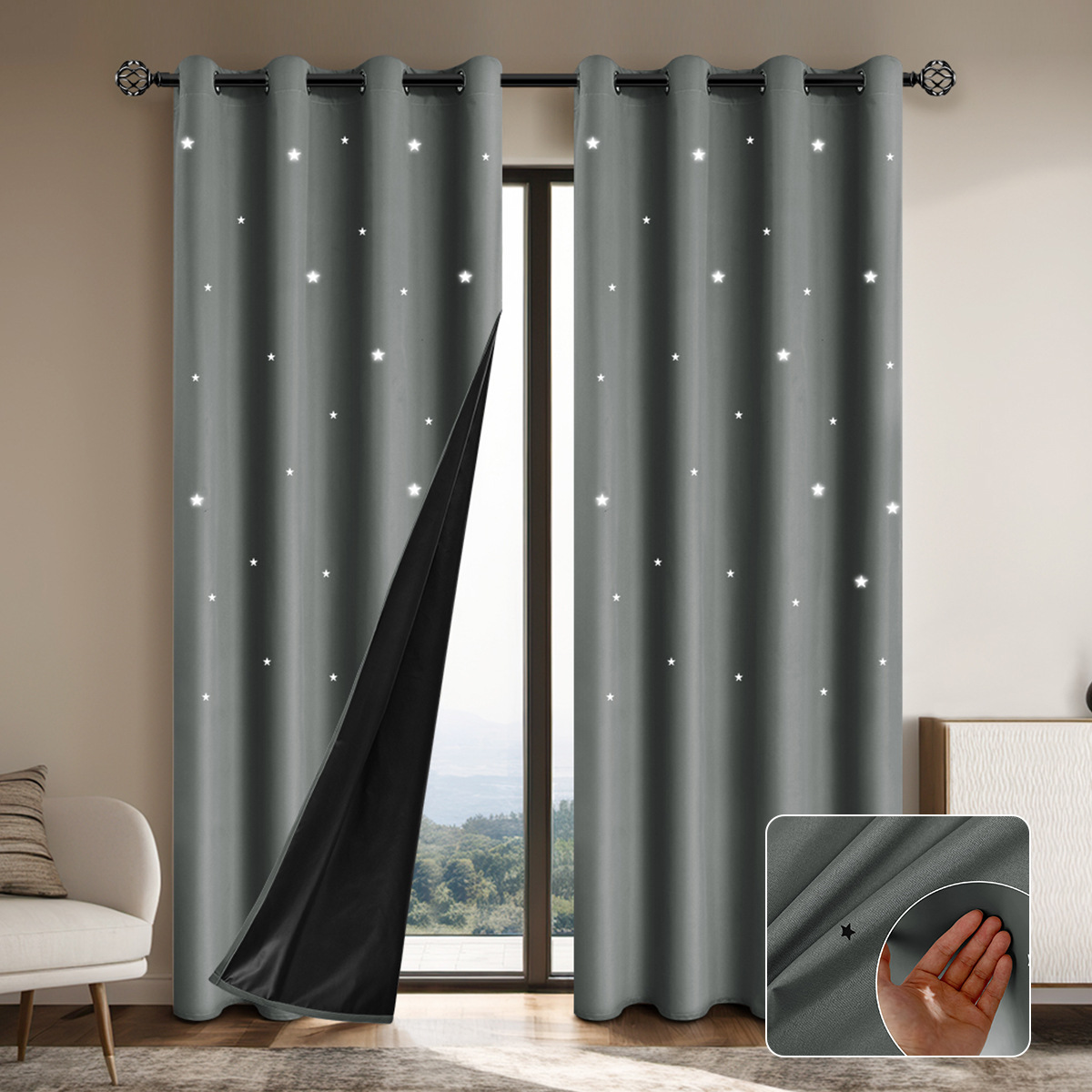 Cross-Border New Chunya Spinning Cut Out Star Blackout Curtains Living Room Sun Protection and Heat Insulation Finished Curtains Shein Dropshipping