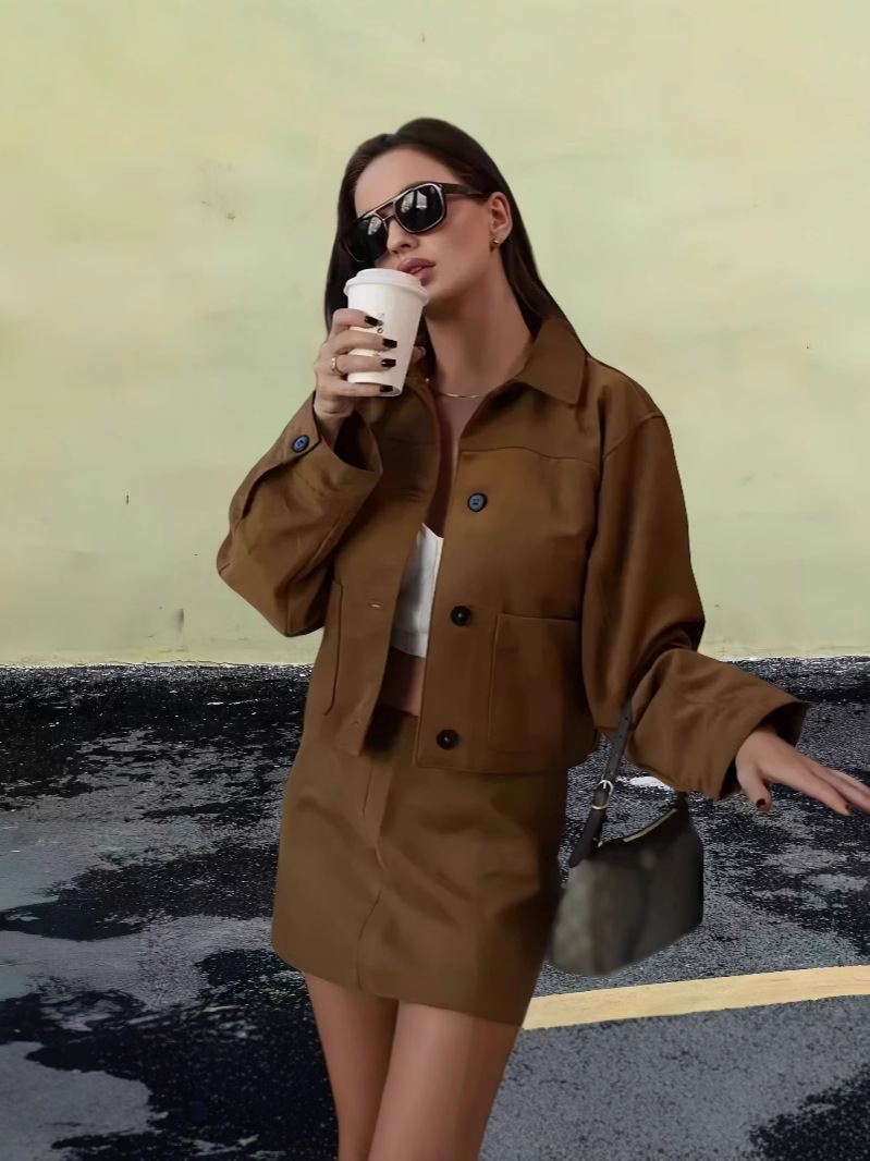 European and American style cross-border independent station loose version 2024 winter new short coat and skirt suit