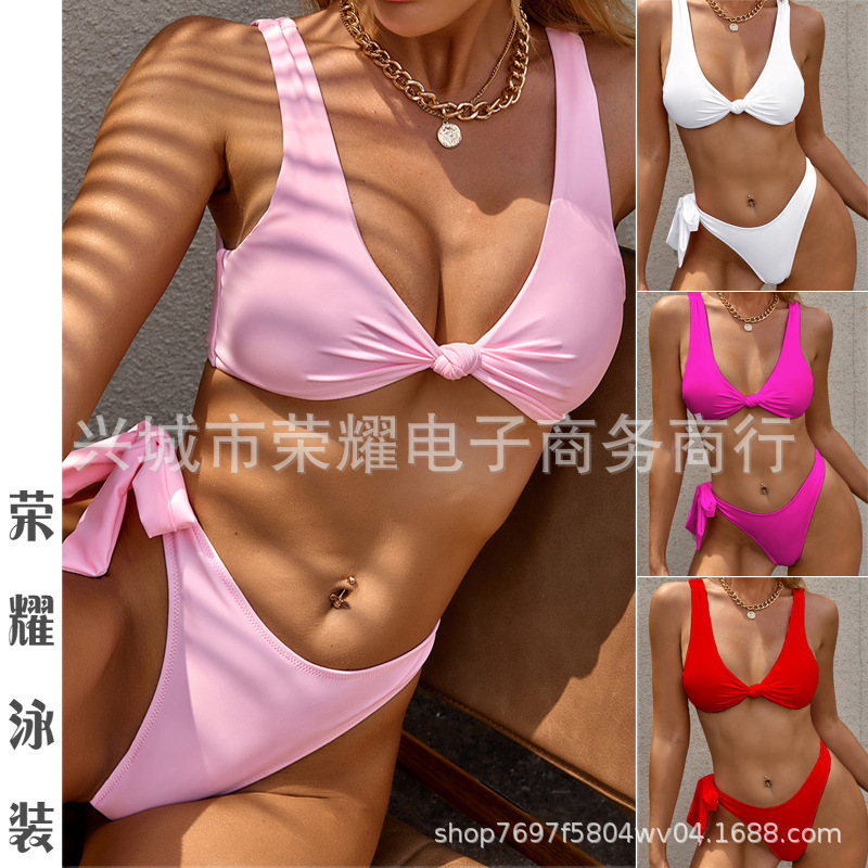New Foreign Trade Cross-border Amazon Swimsuit European and American Split Swimsuit Women's Strap Solid Color Knot Bikini Bikini