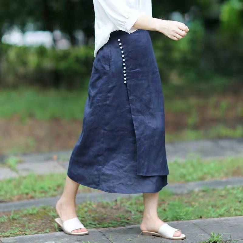 2022 Summer New Cotton and Linen Women's Clothing Retro Design Sense Semi-elastic Cotton and Linen Elegant Slim A- line Skirt Women