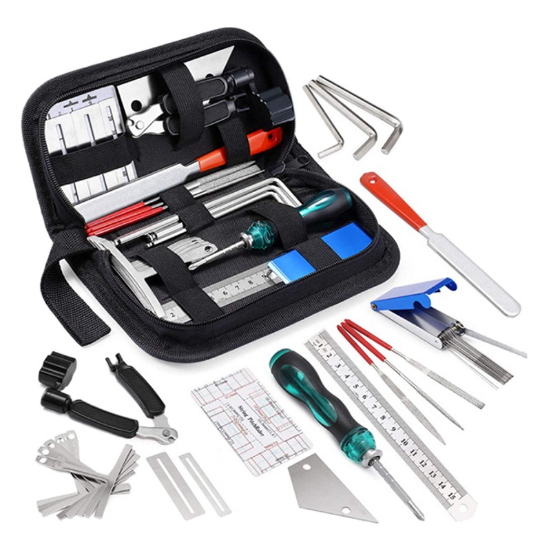 Guitar Repair Tool Kit String Changing Tool Wrench Grinding File Measuring Ruler String Reel Leveling Ruler 25-Piece Set
