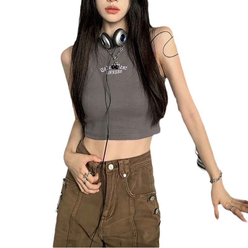 Sexy Short I-Shaped Black Inner Embroidered Vest Slimming Summer Hot Girl Slim Outer Wear Sleeveless Suspender Belt