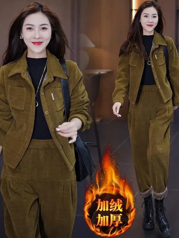 Fashion foreign style cardigan versatile casual suit women 2024 autumn and winter fleece-lined thick new coat two-piece set