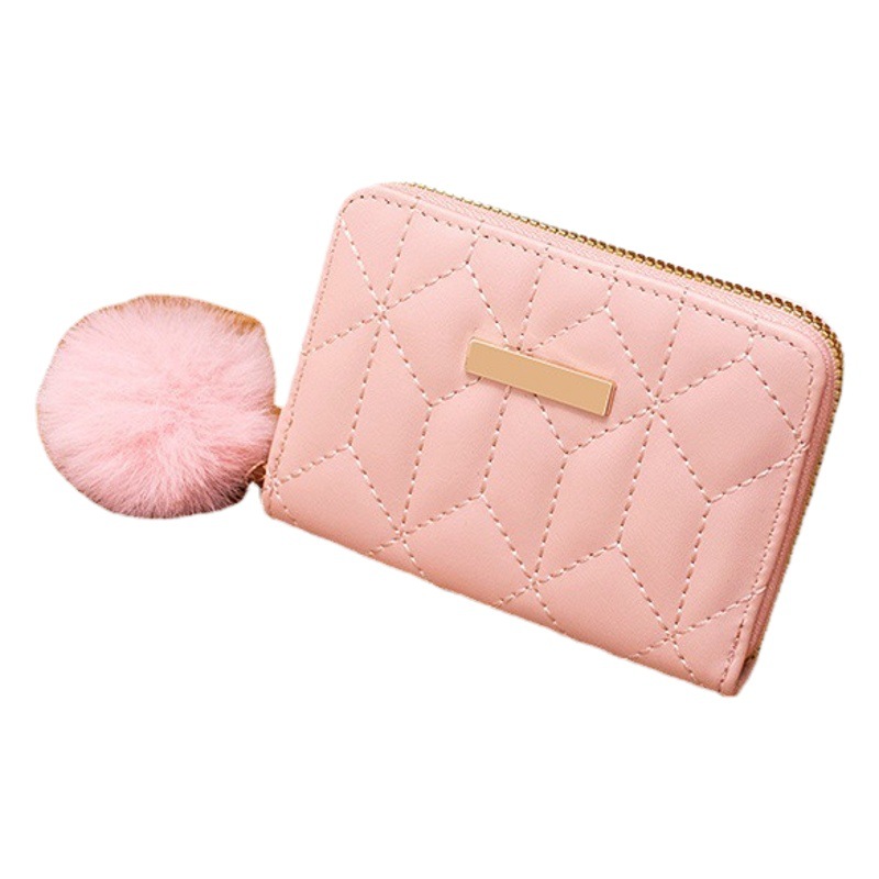2023 new ladies short wallet multi card Korean zipper clutch rhombus fur ball change women's bag wholesale