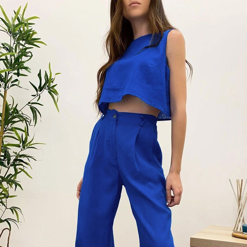 European and American Cross-border Fashion Women's Two-piece Summer Solid Color Round Neck Vest Short Top Loose Pants suit Women