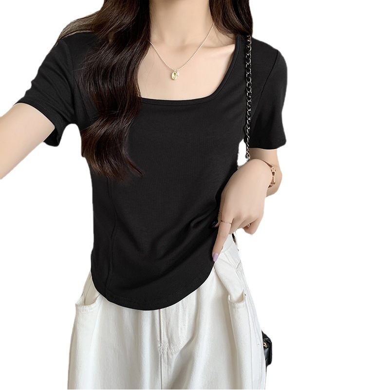 Square Collar Short-sleeved T-shirt Women's Summer 2025 New Design Sense Slimming Irregular Solid Color Fishbone Short Top Trendy
