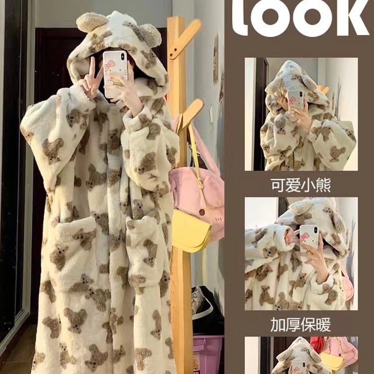 Popular online celebrity bear winter cartoon nightgown warm cute winter coral fleece thickened homewear