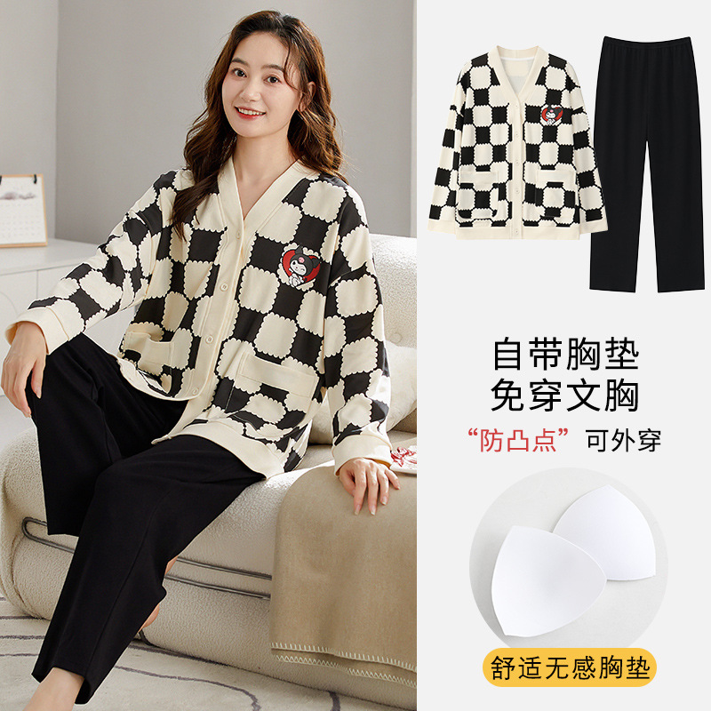 Autumn Women's Long-sleeved Trousers Cardigan V-neck with Chest Pad Pajamas Sweet Casual Pull Rack Imitation Cotton Outwear