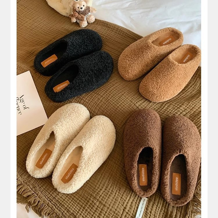 Grape Mom Same-style Baotou One-Pedal Warm Cotton Shoes fleece-lined Mao Mao Half Slippers Women's Outer Wear Autumn and Winter