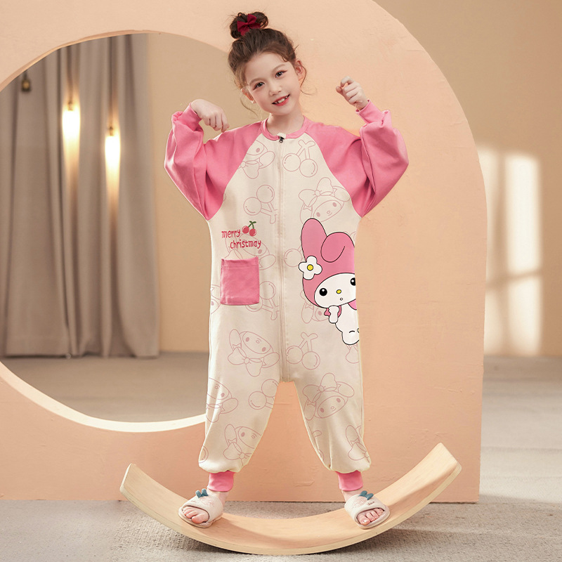 Girls' one-part pajamas long-sleeved 100 cotton spring and autumn girls cute children summer air-conditioned home clothes sleeping bag