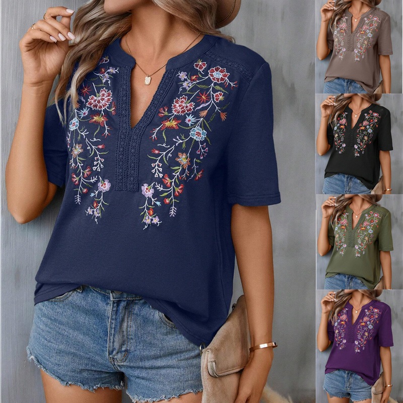 Picture of 2025 Europe and America Amazon Cross-border Summer New Fashion Ten Thousand Needles Embroidery Stitching Lace Top Women's T