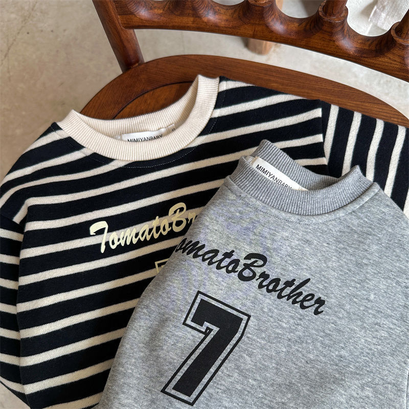 Picture of Children's sweater winter new boys and girls baby plus velvet thickened striped pullover baby letter printed top