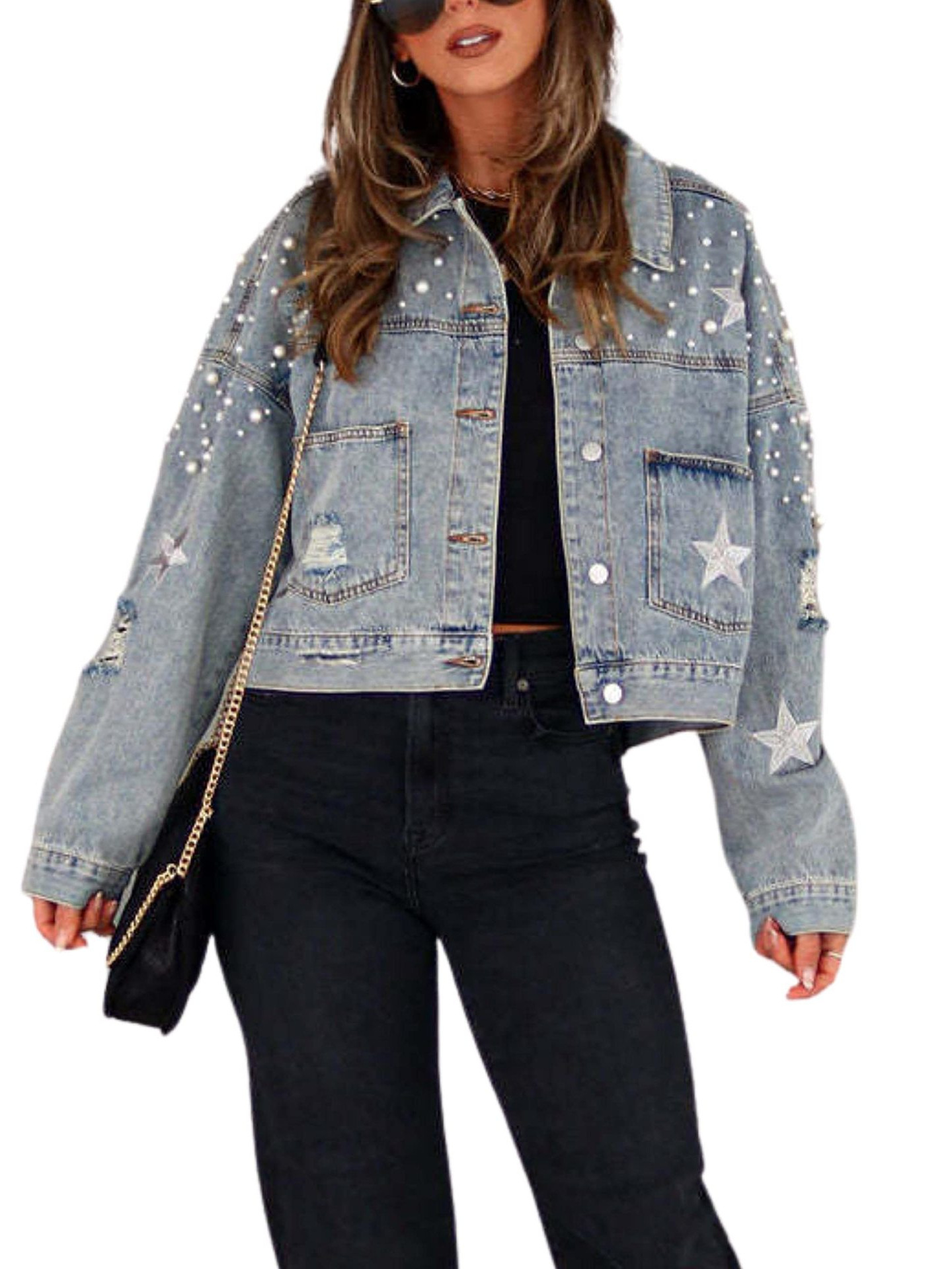 Amazon Quick Sale Denim Jacket Fashion European and American Women's New 2025 Heavy Industry Beaded Jacket Loose