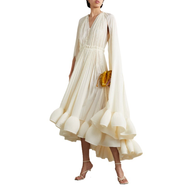 Australian High-end Cape Long Dress 2024 New Sexy Fashion V-neck Ruffled Elegant Dress for dress Women
