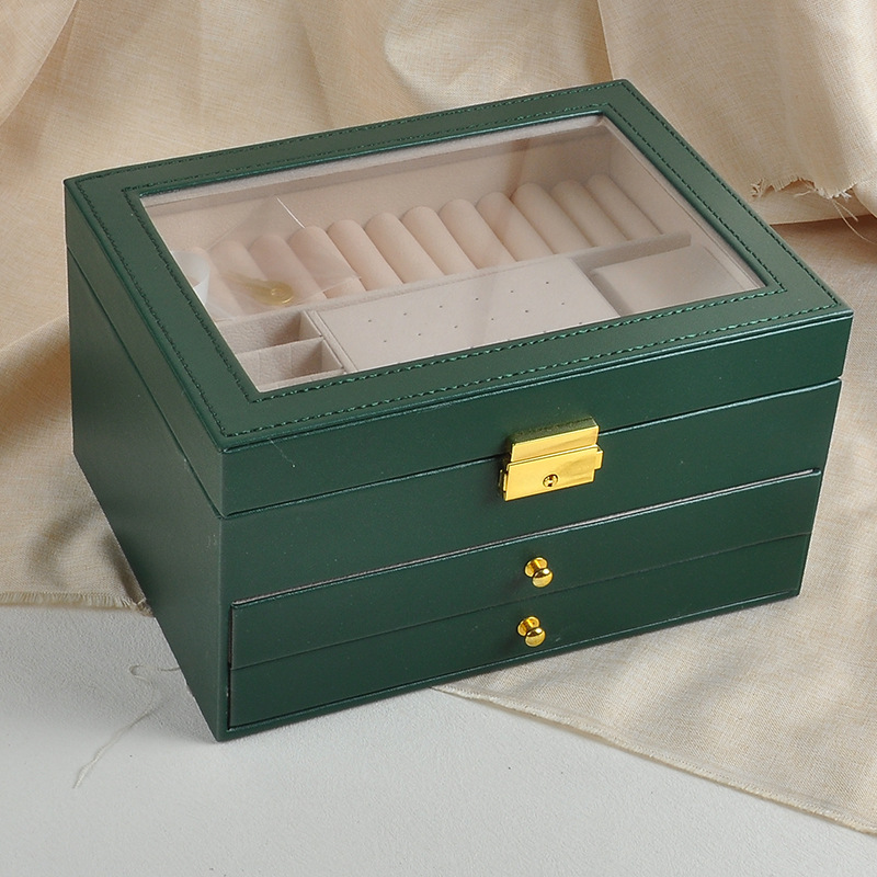 Cross-border Double-layer Drawer-type Window-opening Leather Light Luxury Jewelry Storage Box Ear Studs Earrings with Lock Jewelry Handpiece Jewelry Box