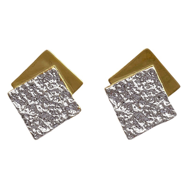 Japanese and Korean Style Design Irregular Square Cross Color Contrast Earrings Women's s925 Silver Needle High-end Light Luxury All-match Earrings