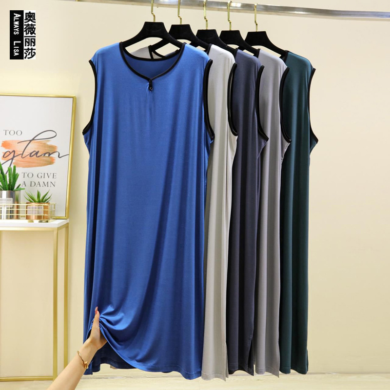 Modale Cotton Couple Plus Size Pajamas Men's Summer Solid Color Thin Sleeveless Midi Loose Button Vest Nightdress