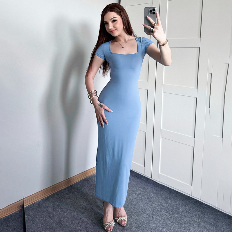 Z9918 European and American women's 2024 Amazon summer new casual solid color square collar short sleeve dress wholesale