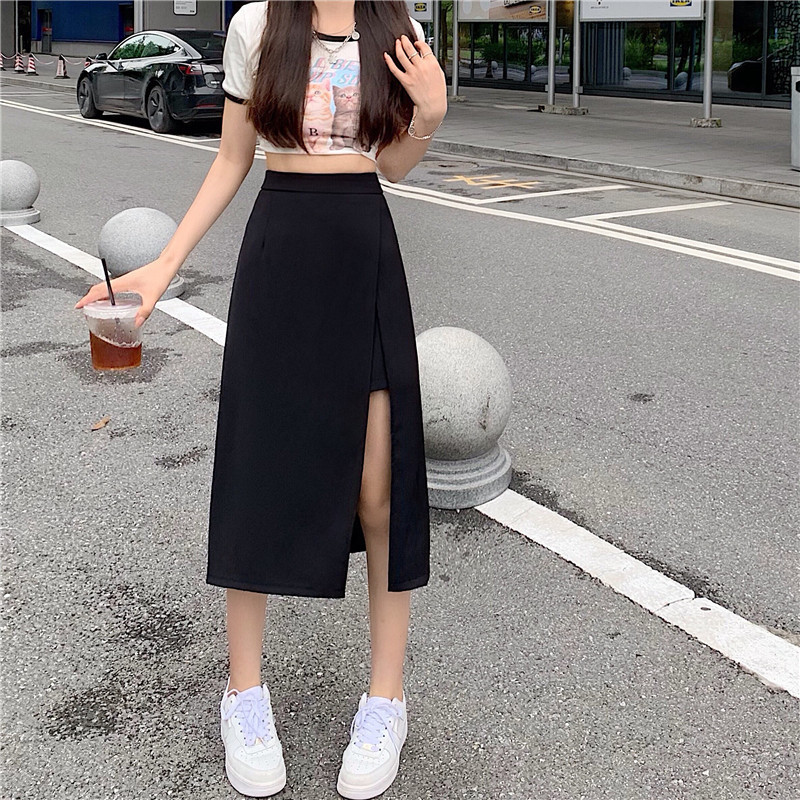 Summer New Split Skirt Women's All-match High Waist Slimming Mid-length Black High Waist Anti-walking Sheath Skirt