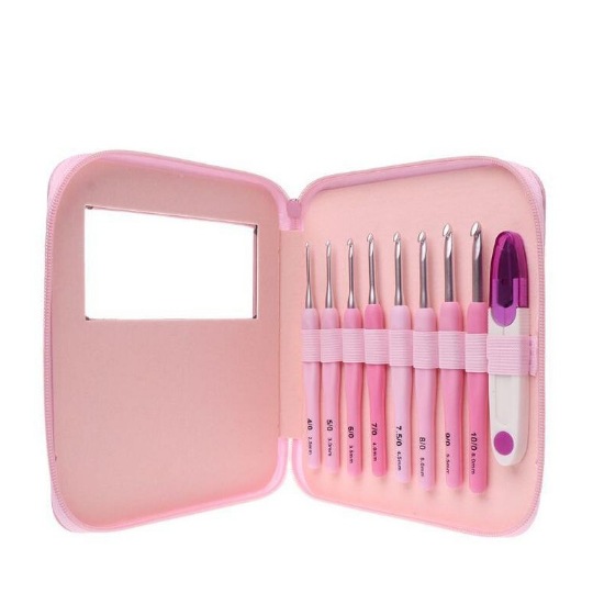 Picture of Cross-border Japanese cute soft handle PU hook bag set of wool knitting tool material pink handle crochet suit
