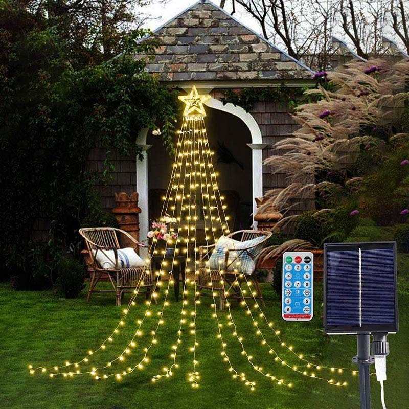 Cross-border in stock solar LED five-pointed star trailing magic waterfall lights outdoor courtyard Christmas tree decorative lights