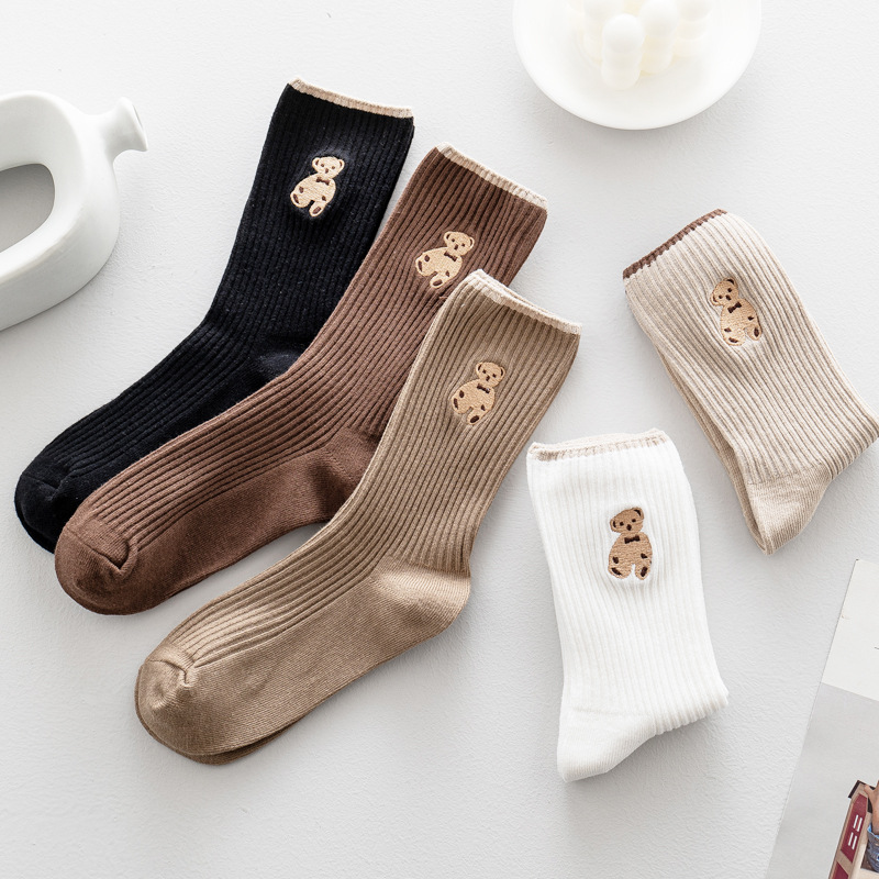 Women's Socks Women's Double Needle Cartoon Embroidered Bear Mid-length Cotton Socks Women's Spring and Autumn Japanese College Style Stacked Socks